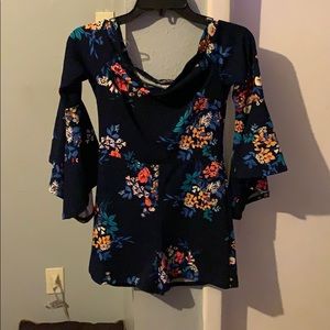 Navy blue floral off the shoulder shorts romper